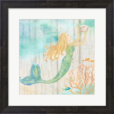 Framed Sea Splash Mermaid Woodgrain I Print