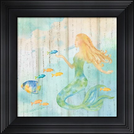 Framed Sea Splash Mermaid Woodgrain II Print