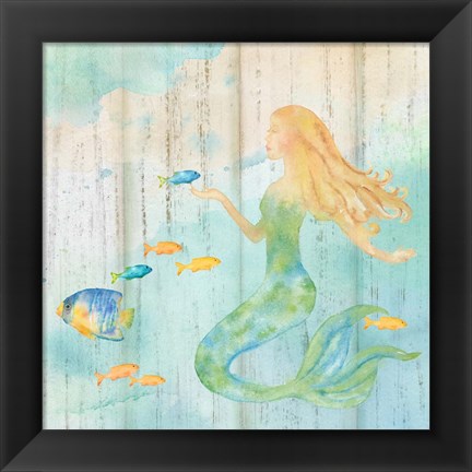 Framed Sea Splash Mermaid Woodgrain II Print