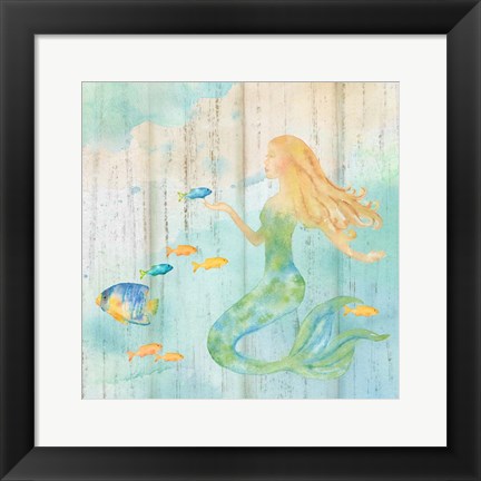 Framed Sea Splash Mermaid Woodgrain II Print