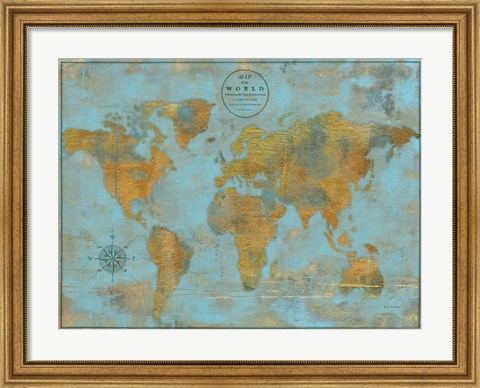 Framed Rustic World Map Sky Blue Print
