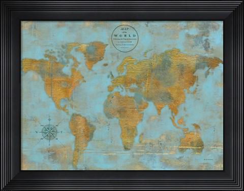 Framed Rustic World Map Sky Blue Print