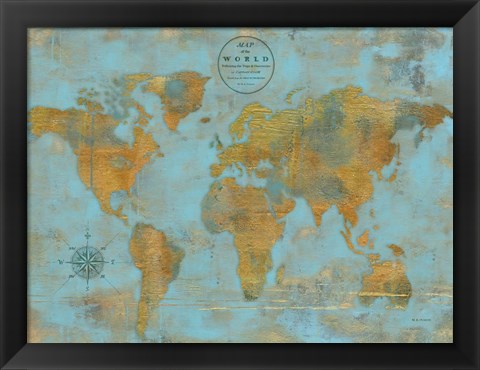 Framed Rustic World Map Sky Blue Print