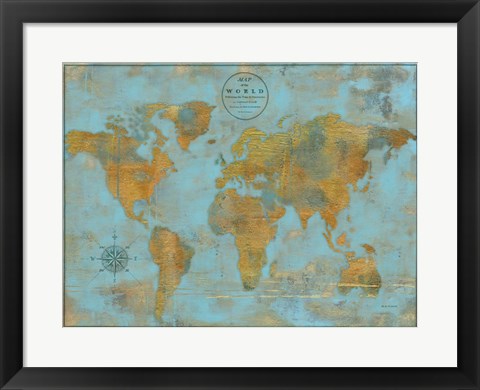 Framed Rustic World Map Sky Blue Print