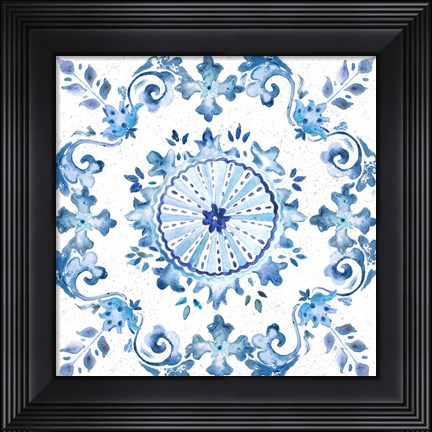 Framed Artisan Medallions White/Blue I Print
