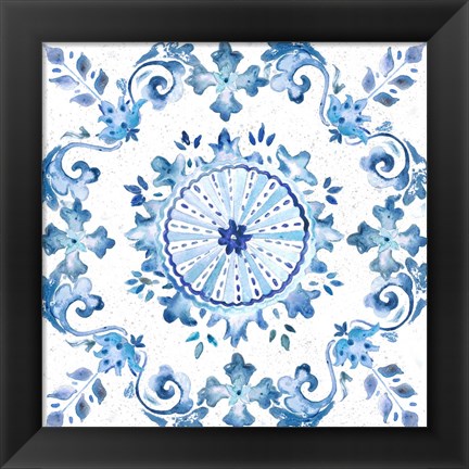 Framed Artisan Medallions White/Blue I Print