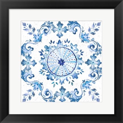 Framed Artisan Medallions White/Blue I Print