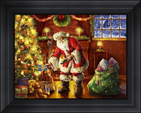 Framed Santa putting gifts under tree Print
