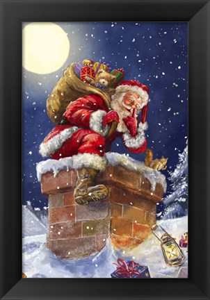 Framed Santa at Chimney with moon Print