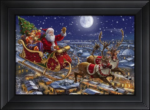 Framed Santa Sleigh and Reindeer in Sky Print