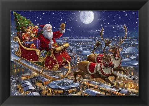 Framed Santa Sleigh and Reindeer in Sky Print