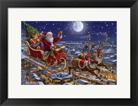 Framed Santa Sleigh and Reindeer in Sky Print