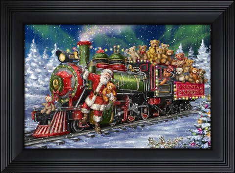 Framed Santa Green /Red Train with toy bears Print