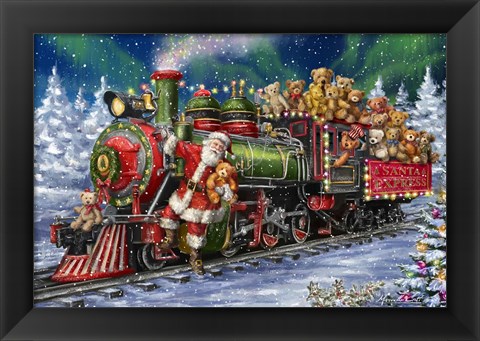 Framed Santa Green /Red Train with toy bears Print