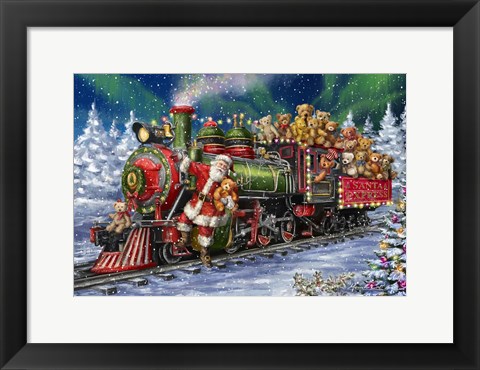 Framed Santa Green /Red Train with toy bears Print