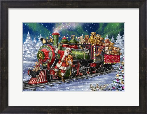 Framed Santa Green /Red Train with toy bears Print