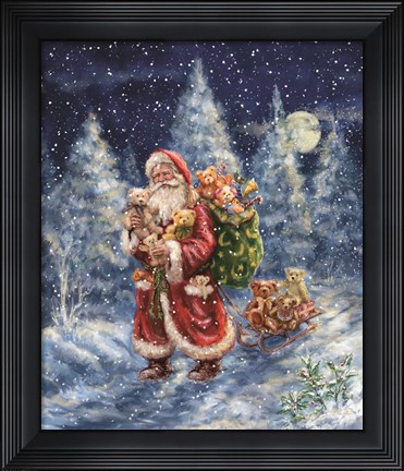 Framed Santa in Winter Woods with sack Print