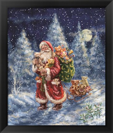 Framed Santa in Winter Woods with sack Print