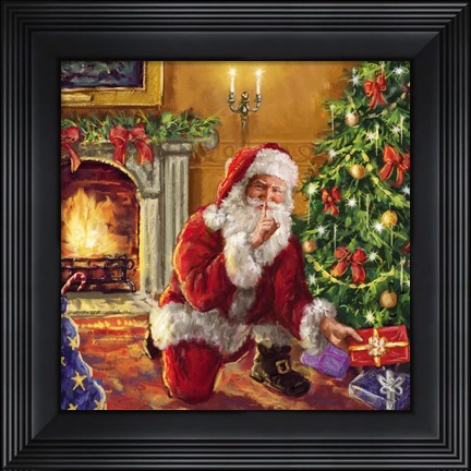 Framed Santa at tree with present Print