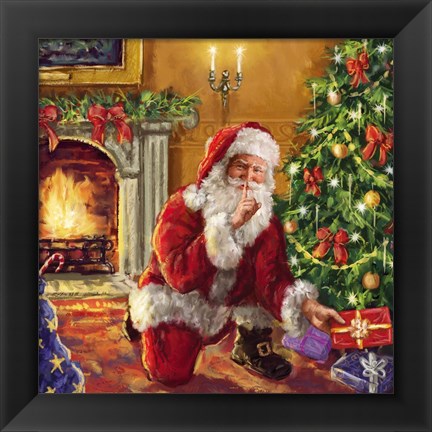 Framed Santa at tree with present Print