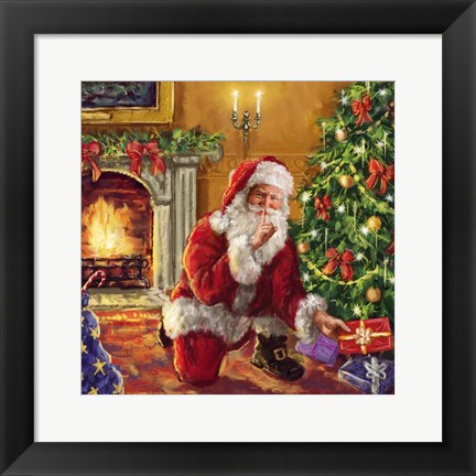 Framed Santa at tree with present Print