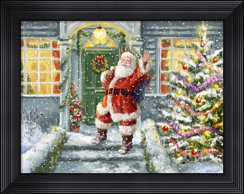 Framed Santa on Steps with green door Print