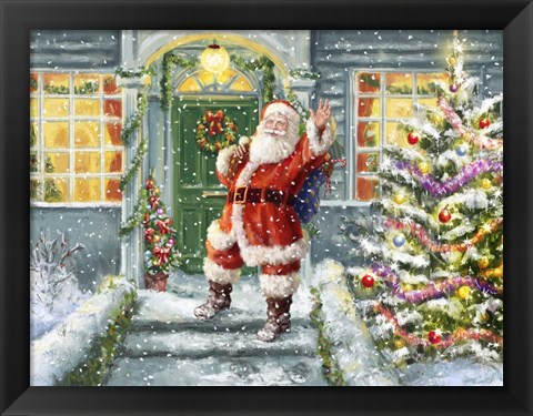 Framed Santa on Steps with green door Print