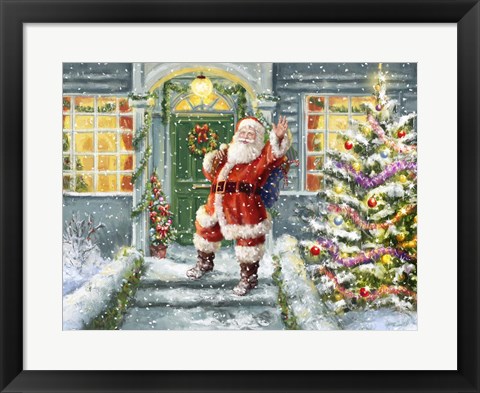 Framed Santa on Steps with green door Print