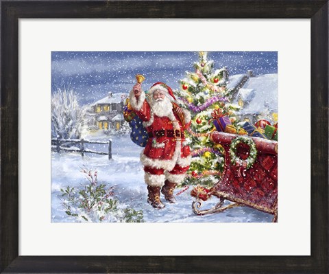 Framed Santa ringing bell with Sleigh Print