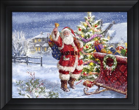 Framed Santa ringing bell with Sleigh Print