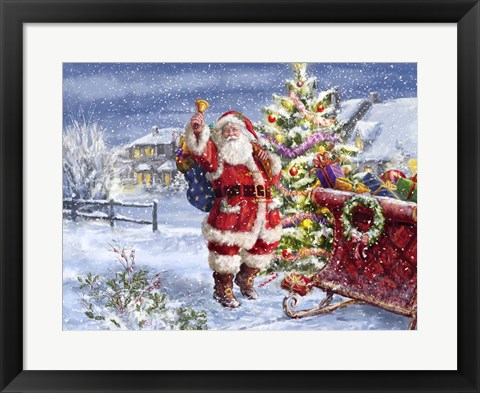 Framed Santa ringing bell with Sleigh Print