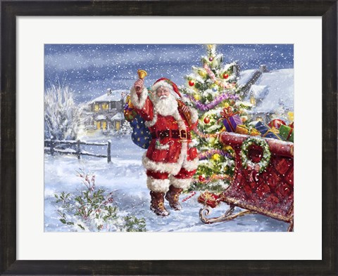 Framed Santa ringing bell with Sleigh Print