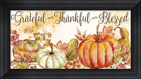 Framed Watercolor Harvest Pumpkin Grateful Thankful Blessed Print
