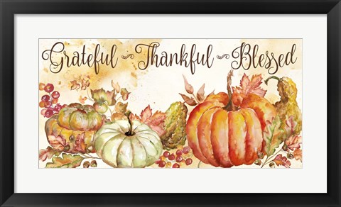 Framed Watercolor Harvest Pumpkin Grateful Thankful Blessed Print