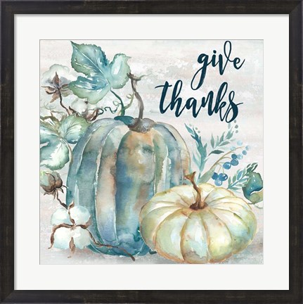 Framed Blue Watercolor Harvest Square Give Thanks Print