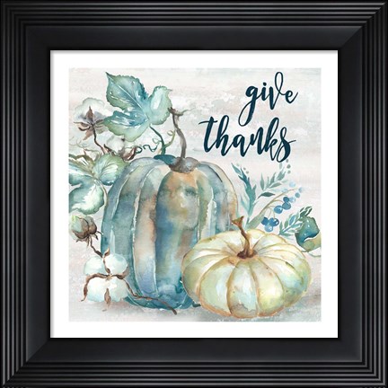 Framed Blue Watercolor Harvest Square Give Thanks Print