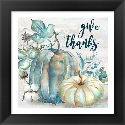 Framed Blue Watercolor Harvest Square Give Thanks Print