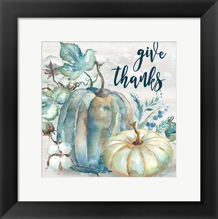 Framed Blue Watercolor Harvest Square Give Thanks Print