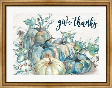 Framed Blue Watercolor Harvest Pumpkin Landscape Give Thanks Print