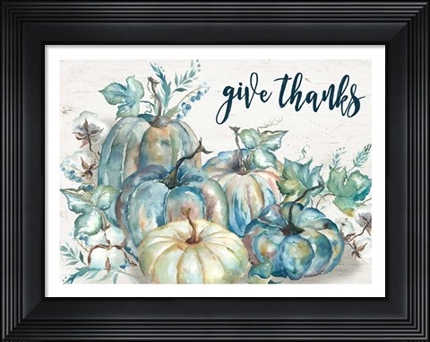 Framed Blue Watercolor Harvest Pumpkin Landscape Give Thanks Print