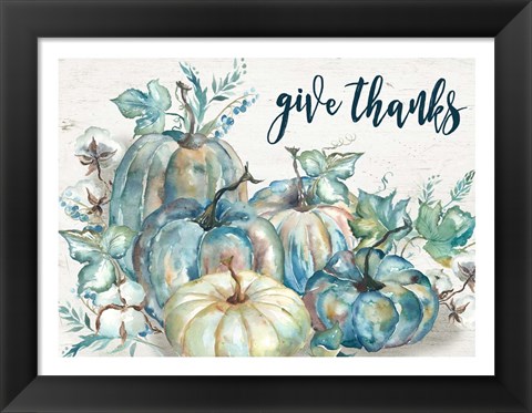 Framed Blue Watercolor Harvest Pumpkin Landscape Give Thanks Print