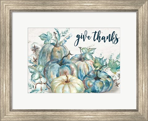 Framed Blue Watercolor Harvest Pumpkin Landscape Give Thanks Print