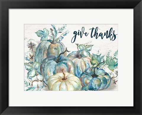 Framed Blue Watercolor Harvest Pumpkin Landscape Give Thanks Print