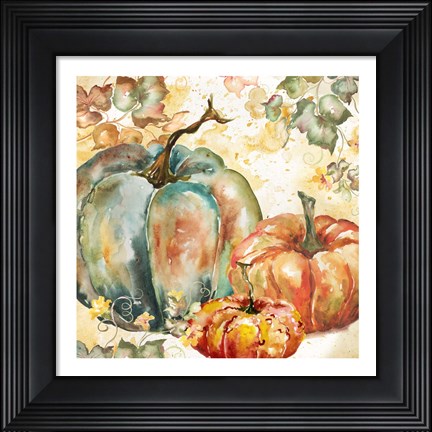 Framed Watercolor Harvest Teal and Orange Pumpkins I Print