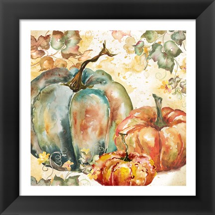 Framed Watercolor Harvest Teal and Orange Pumpkins I Print