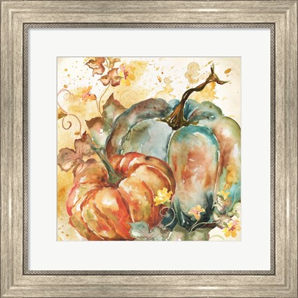 Framed Watercolor Harvest Teal and Orange Pumpkins II Print