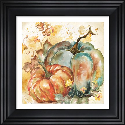 Framed Watercolor Harvest Teal and Orange Pumpkins II Print