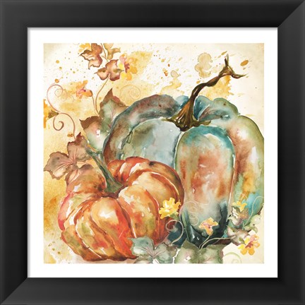 Framed Watercolor Harvest Teal and Orange Pumpkins II Print