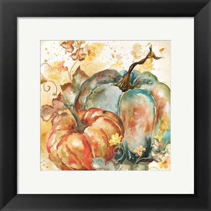 Framed Watercolor Harvest Teal and Orange Pumpkins II Print