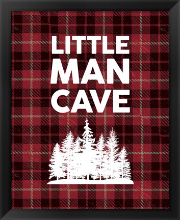 Framed Little Man Cave - Trees Red Plaid Background Print